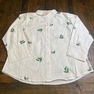 Casey Coleman Womens Large White Cotton Holly Berry Embroidered Shirt vintage